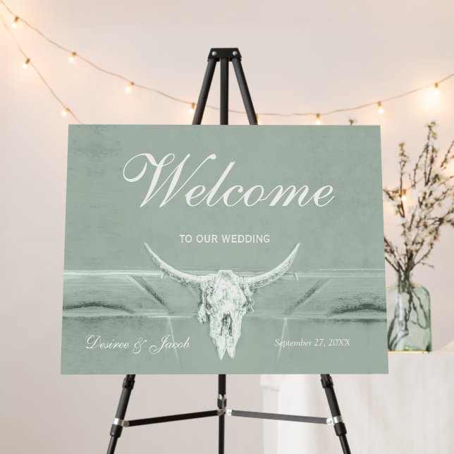 Rustic Pastel Sage Green White Western Cow Skull Foam Board (In Situ (Stand))