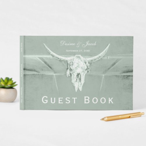 Rustic Pastel Sage Green White Western Cow Skull Guest Book