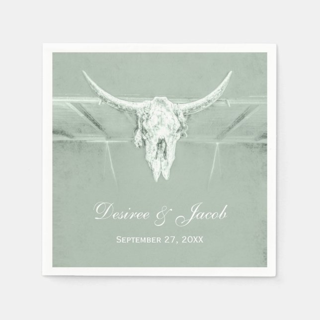 Rustic Pastel Sage Green White Western Cow Skull Napkins (Front)