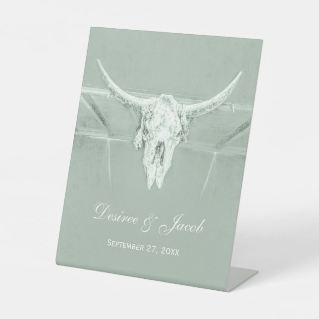 Rustic Pastel Sage Green White Western Cow Skull Pedestal Sign (Front)
