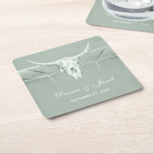 Rustic Pastel Sage Green White Western Cow Skull Square Paper Coaster