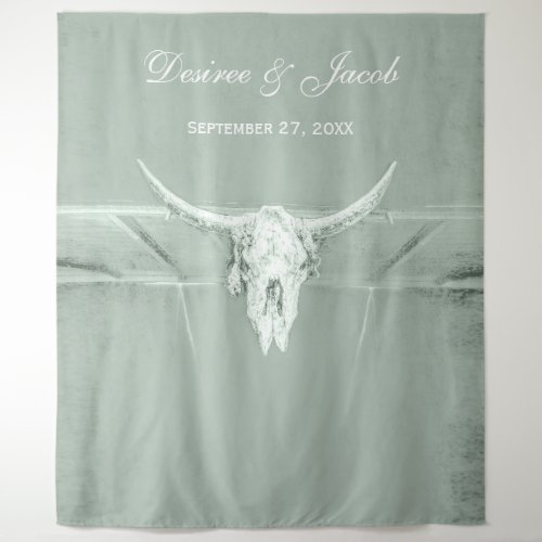 Rustic Pastel Sage Green White Western Cow Skull Tapestry