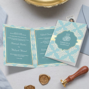 Rustic Pastel Teal Cream Damask Muslim Wedding Invitation