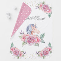 Rustic Pastel Watercolor Pink Floral Unicorn Baby Blanket