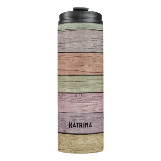 Rustic Pastel Wood Plank Customizable Name  Thermal Tumbler (Front)