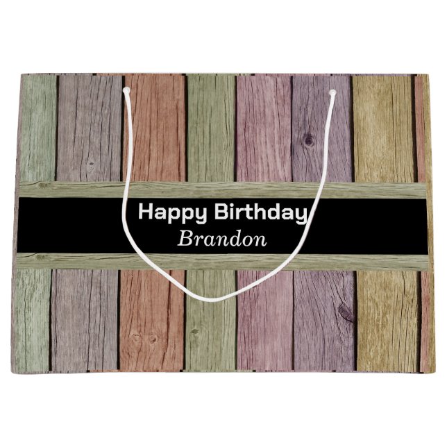 Rustic Pastel Wood Plank Happy Birthday Large Gift Bag (Front)