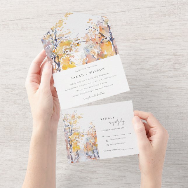 Rustic Pastel Yellow Autumn Fall Landscape Wedding All In One Invitation (Tearaway)