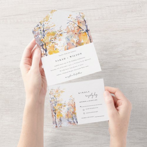 Rustic Pastel Yellow Autumn Fall Landscape Wedding All In One Invitation