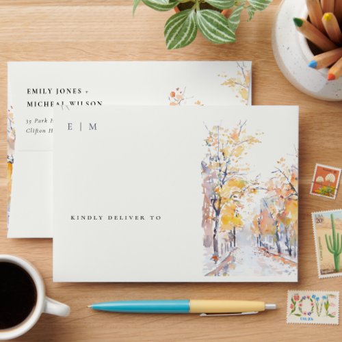 Rustic Pastel Yellow Autumn Fall Landscape Wedding Envelope