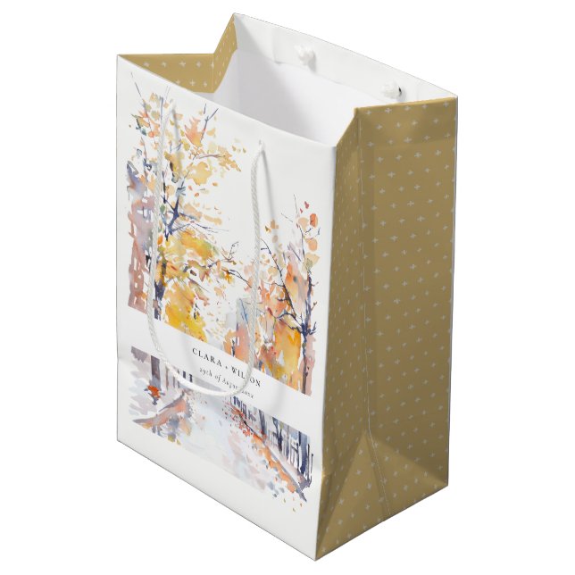 Rustic Pastel Yellow Autumn Fall Landscape Wedding Medium Gift Bag (Front Angled)