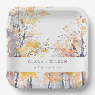 Rustic Pastel Yellow Autumn Fall Landscape Wedding Paper Plates
