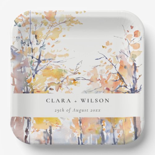 Rustic Pastel Yellow Autumn Fall Landscape Wedding Paper Plates