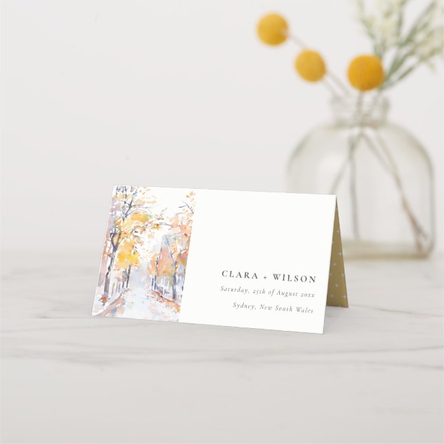 Rustic Pastel Yellow Autumn Fall Landscape Wedding Place Card (Front)
