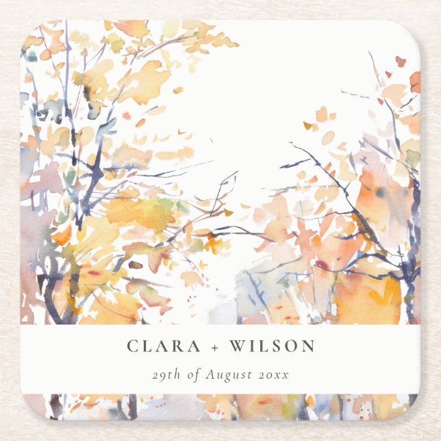 Rustic Pastel Yellow Autumn Fall Landscape Wedding Square Paper Coaster (Front)