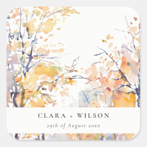 Rustic Pastel Yellow Autumn Fall Landscape Wedding Square Sticker