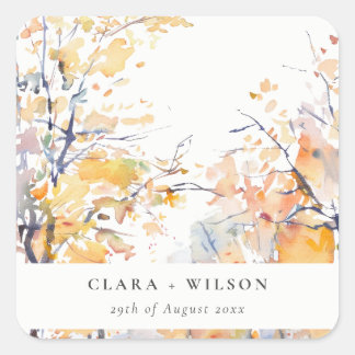 Rustic Pastel Yellow Autumn Fall Landscape Wedding Square Sticker