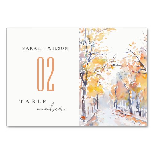 Rustic Pastel Yellow Autumn Fall Landscape Wedding Table Number