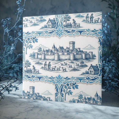 Rustic Pastoral Toile De Jouy Vintage Textile Blue Ceramic Tile