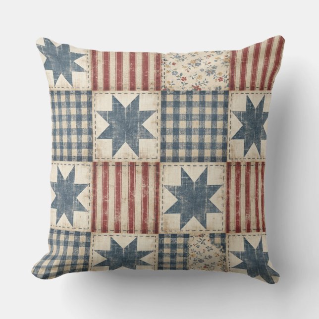 Rustic Patchwork Americana Quilt Pattern Outdoor Pillow (Front)