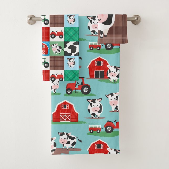 Rustic Patchwork Cow Farm Blue and Red Bath Towel Set (Insitu)