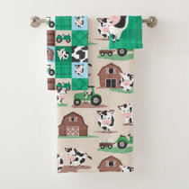 Rustic Patchwork Cow Farm Tan and Green Bath Towel Set