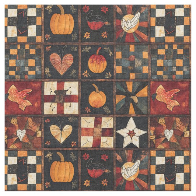 Rustic Patchwork | Folk Art Autumn Quilt Pattern Fabric (Close Up)