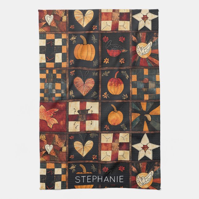 Rustic Patchwork | Folk Art Autumn Quilt Pattern Kitchen Towel (Vertical)