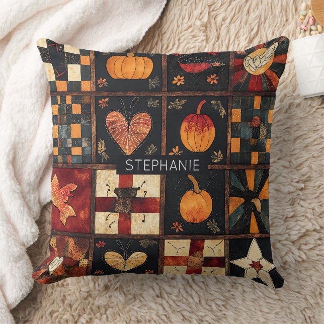 Rustic Patchwork | Folk Art Autumn Quilt Pattern Throw Pillow (Blanket)