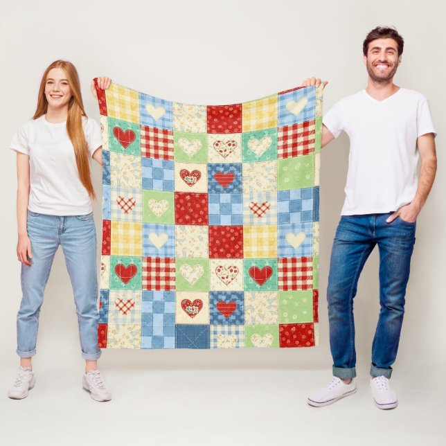Rustic Patchwork Hearts Picnic Pattern (1) Fleece Blanket (In Situ)