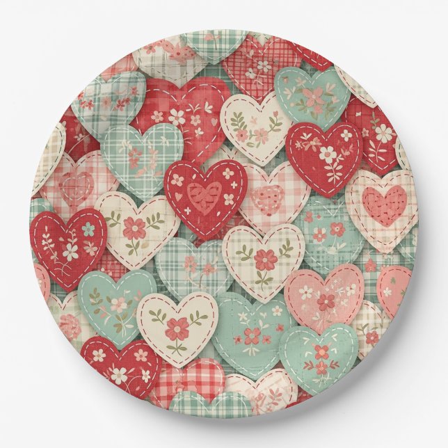 Rustic Patchwork Hearts Picnic Pattern (1) Paper Plates (Front)