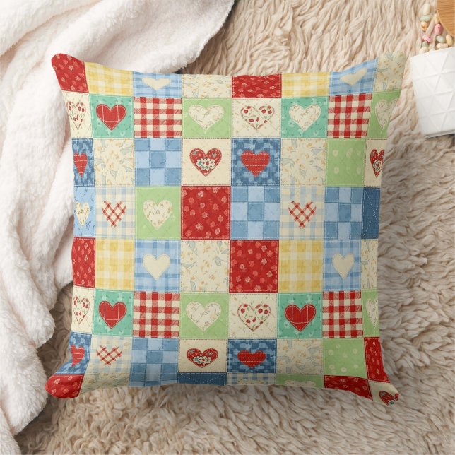 Rustic Patchwork Hearts Picnic Pattern (1) Throw Pillow (Blanket)