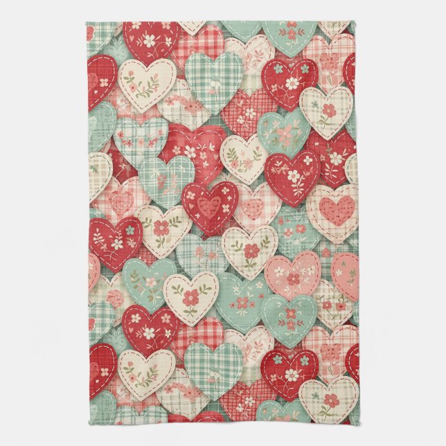Rustic Patchwork Hearts Picnic Pattern (2) Kitchen Towel (Vertical)