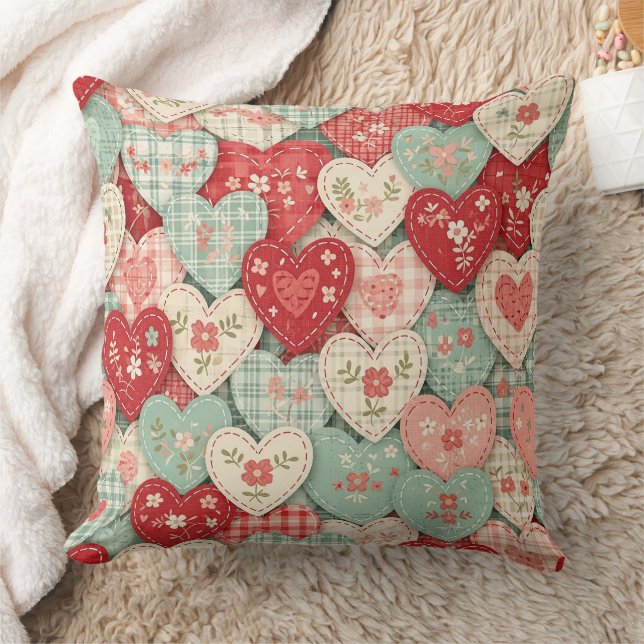 Rustic Patchwork Hearts Picnic Pattern (2) Throw Pillow (Blanket)
