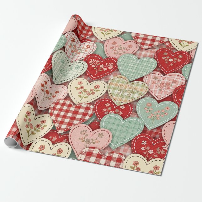 Rustic Patchwork Hearts Picnic Pattern (3) Wrapping Paper (Unrolled)