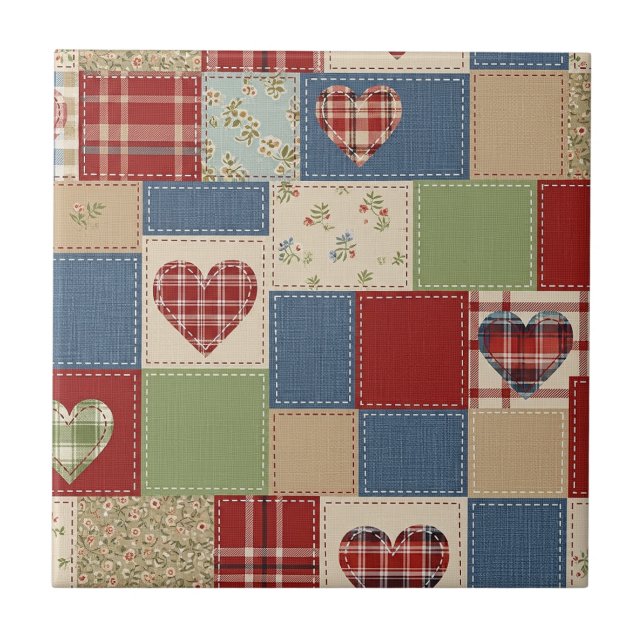 Rustic Patchwork Hearts Picnic Pattern (4) Ceramic Tile (Front)