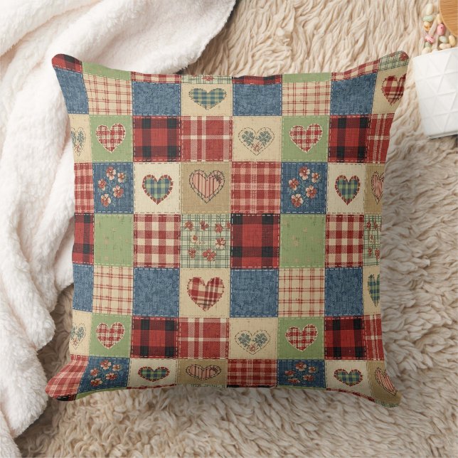 Rustic Patchwork Hearts Picnic Pattern (5) Throw Pillow (Blanket)