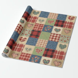 Rustic Patchwork Hearts Picnic Pattern (5) Wrapping Paper