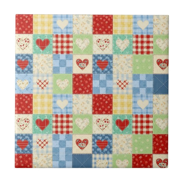 Rustic Patchwork Hearts Picnic Pattern Ceramic Tile (Front)
