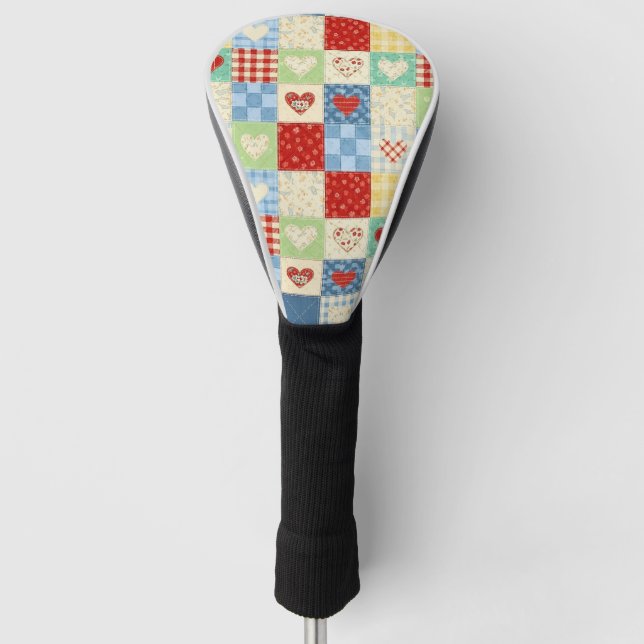 Rustic Patchwork Hearts Picnic Pattern Golf Head Cover (Front)