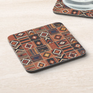 Rustic Patchwork Kilim Geometric Tapestry Beverage Coaster