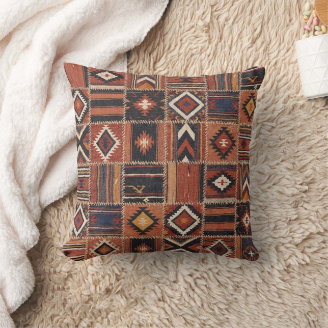 Rustic Patchwork Kilim Geometric Tapestry Throw Pillow (Blanket)