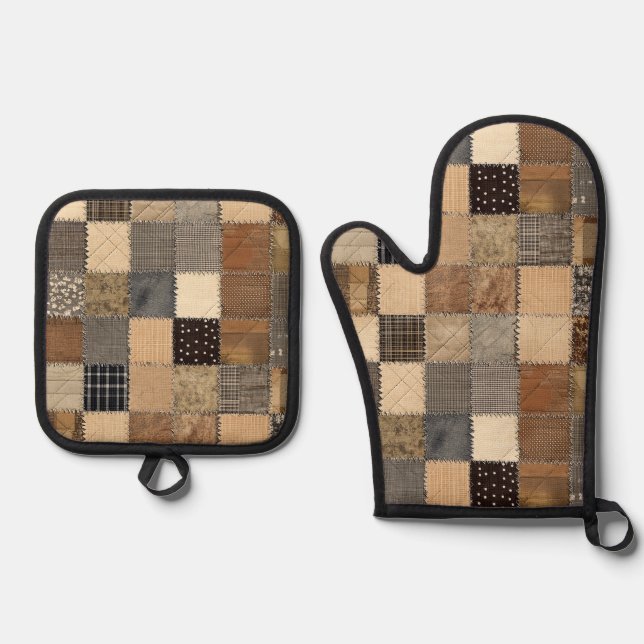 Rustic Patchwork Oven Mitt and Pot Holder Set (Front)