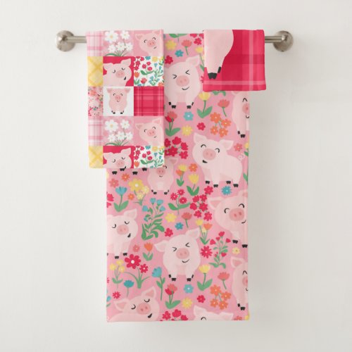 Rustic Patchwork Pig Floral Farm Pink Kids Bath Towel Set