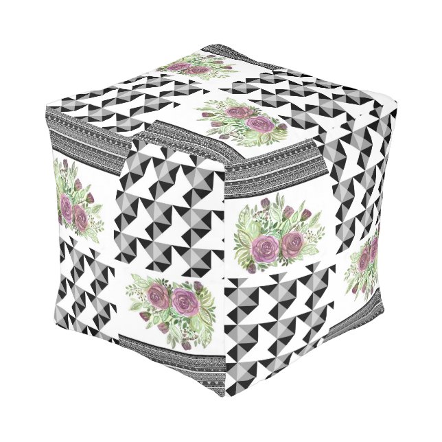 Rustic, patchwork, roses pouf (Angled Front)