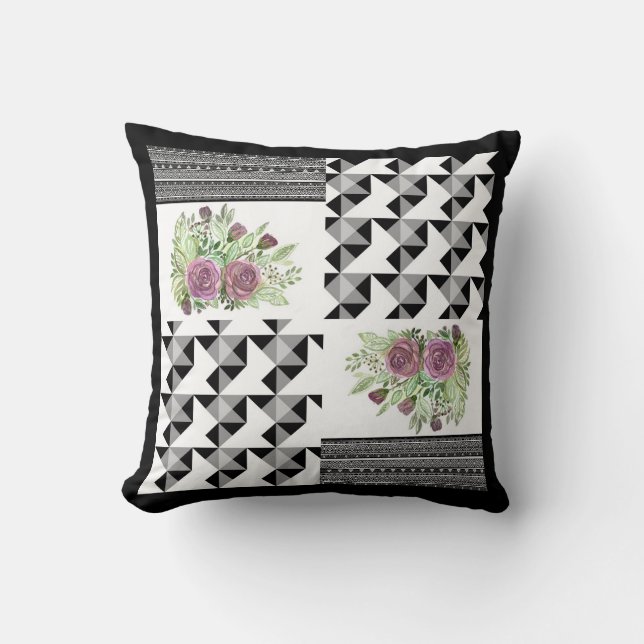 Rustic, patchwork, roses throw pillow (Front)
