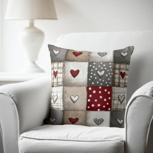 Rustic Patchwork with Hearts Throw Pillow
