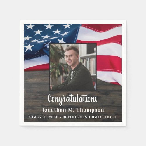 Rustic Patriotic American Flag Military Graduation Napkins - Patriotic American Flag Military Graduation Party Napkins. Host your patriotic graduation party with this USA flag patriotic graduation party napkins. USA American flag modern red white and blue design on rustic wood with graduate photo.. This military graduation napkins are also perfect for military retirement parties. See our collection for matching military graduation invitations, gifts, party favors, and supplies.  COPYRIGHT © 2021 Judy Burrows, Black Dog Art - All Rights Reserved. Rustic Patriotic American Flag Military Graduation Napkins