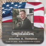 Rustic Patriotic American Flag Military Graduation Square Paper Coaster<br><div class="desc">Patriotic American Flag Military Graduation Party coasters Host your patriotic graduation party with this USA flag patriotic graduation party coasters. USA American flag modern red white and blue design on rustic wood with graduate photo.. This military graduation coasters are also perfect for military retirement parties. See our collection for matching...</div>