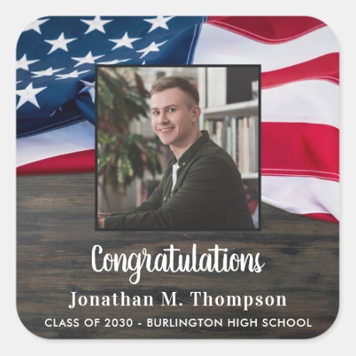 Rustic Patriotic American Flag Military Graduation Square Sticker - Patriotic American Flag Military Graduation Party Stickers. Add the finishing touch your patriotic graduation party with this USA flag patriotic graduation party stickers. USA American flag modern red white and blue design on rustic wood with graduate photo, these patriotic stickers are perfect for gift wrapping, mailing invitations, party favors and more! This military graduation stickers are also perfect for military retirement parties. See our collection for matching military graduation invitations, gifts, party favors, and supplies.  COPYRIGHT © 2021 Judy Burrows, Black Dog Art - All Rights Reserved. Rustic Patriotic American Flag Military Graduation Square Sticker