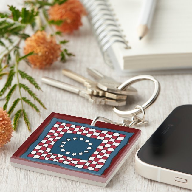 Rustic Patriotic Americana Quilt Pattern USA Art  Keychain (Creator Uploaded)